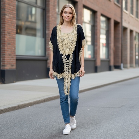 Kori Tops - Kori America Lace Crochet Poncho Top